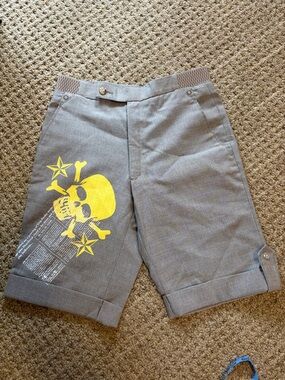 Gray Shorts with Yellow Skull Graphic